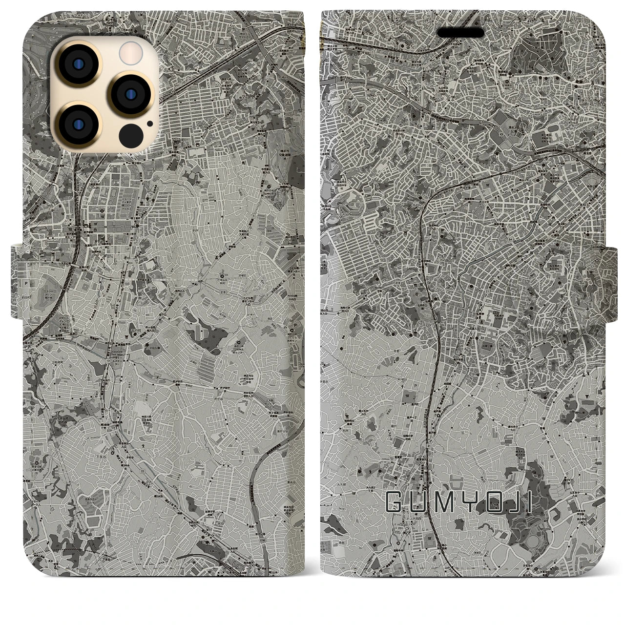 【弘明寺(神奈川県)】地図柄iPhoneケース(手帳タイプ)モノトーン・iPhone 12 Pro Max 用