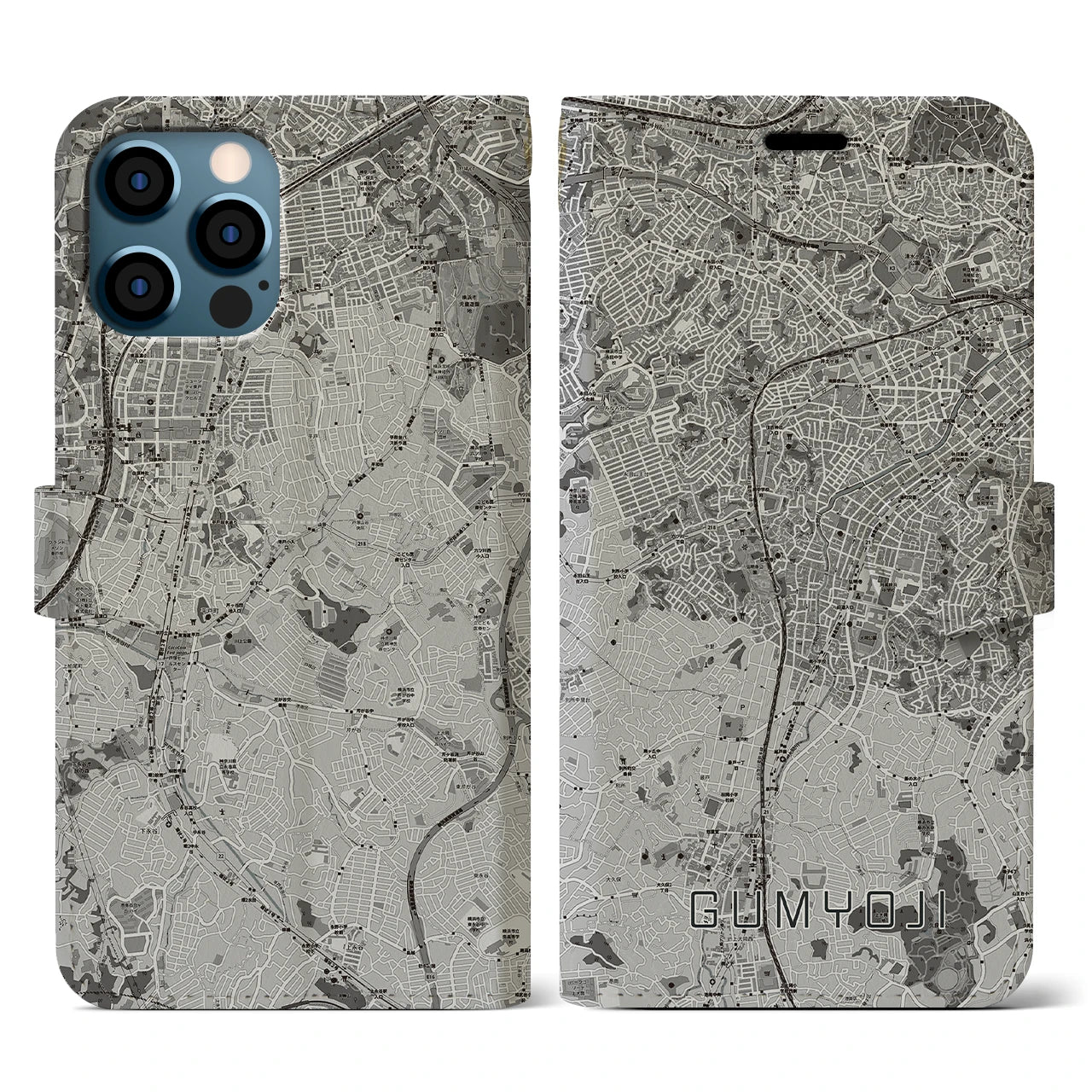 【弘明寺(神奈川県)】地図柄iPhoneケース(手帳タイプ)モノトーン・iPhone 12 / 12 Pro 用