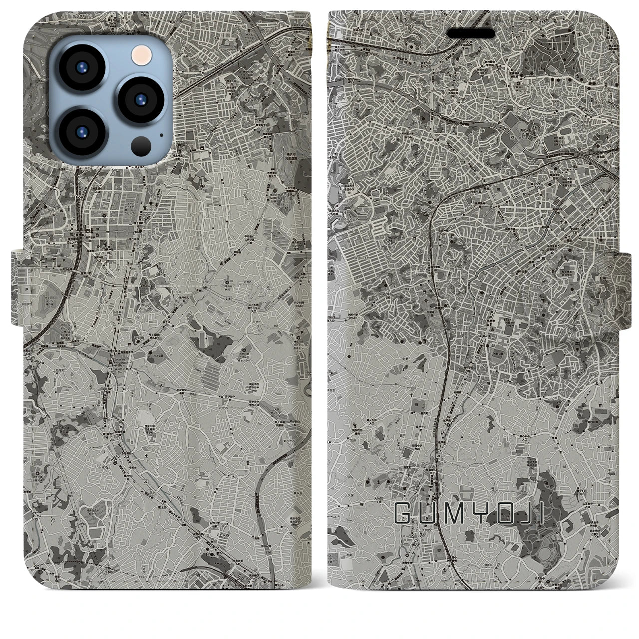 【弘明寺(神奈川県)】地図柄iPhoneケース(手帳タイプ)モノトーン・iPhone 13 Pro Max 用