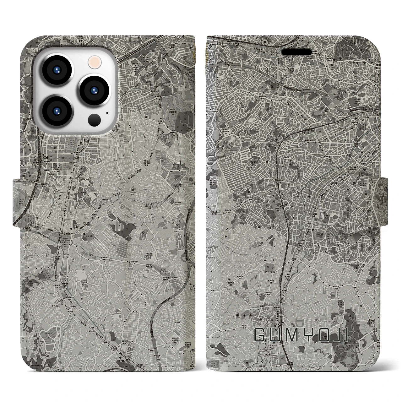 【弘明寺(神奈川県)】地図柄iPhoneケース(手帳タイプ)モノトーン・iPhone 13 Pro 用