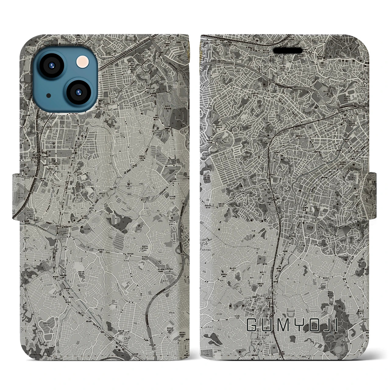 【弘明寺(神奈川県)】地図柄iPhoneケース(手帳タイプ)モノトーン・iPhone 13 用