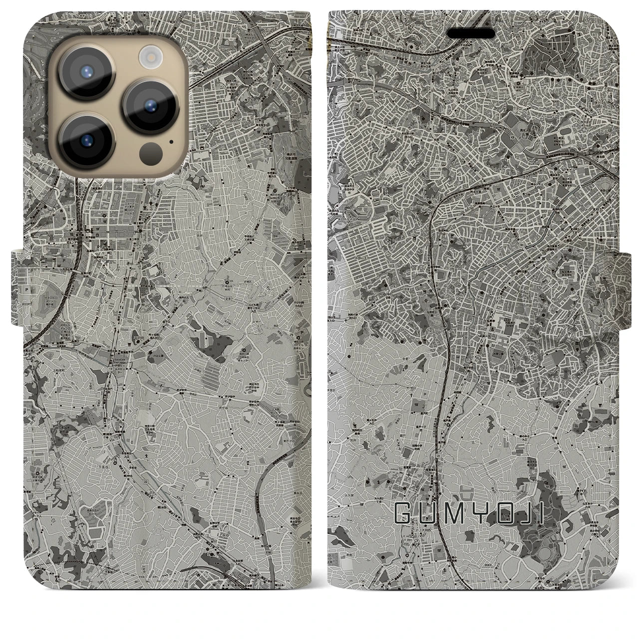 【弘明寺(神奈川県)】地図柄iPhoneケース(手帳タイプ)モノトーン・iPhone 14 Pro Max 用