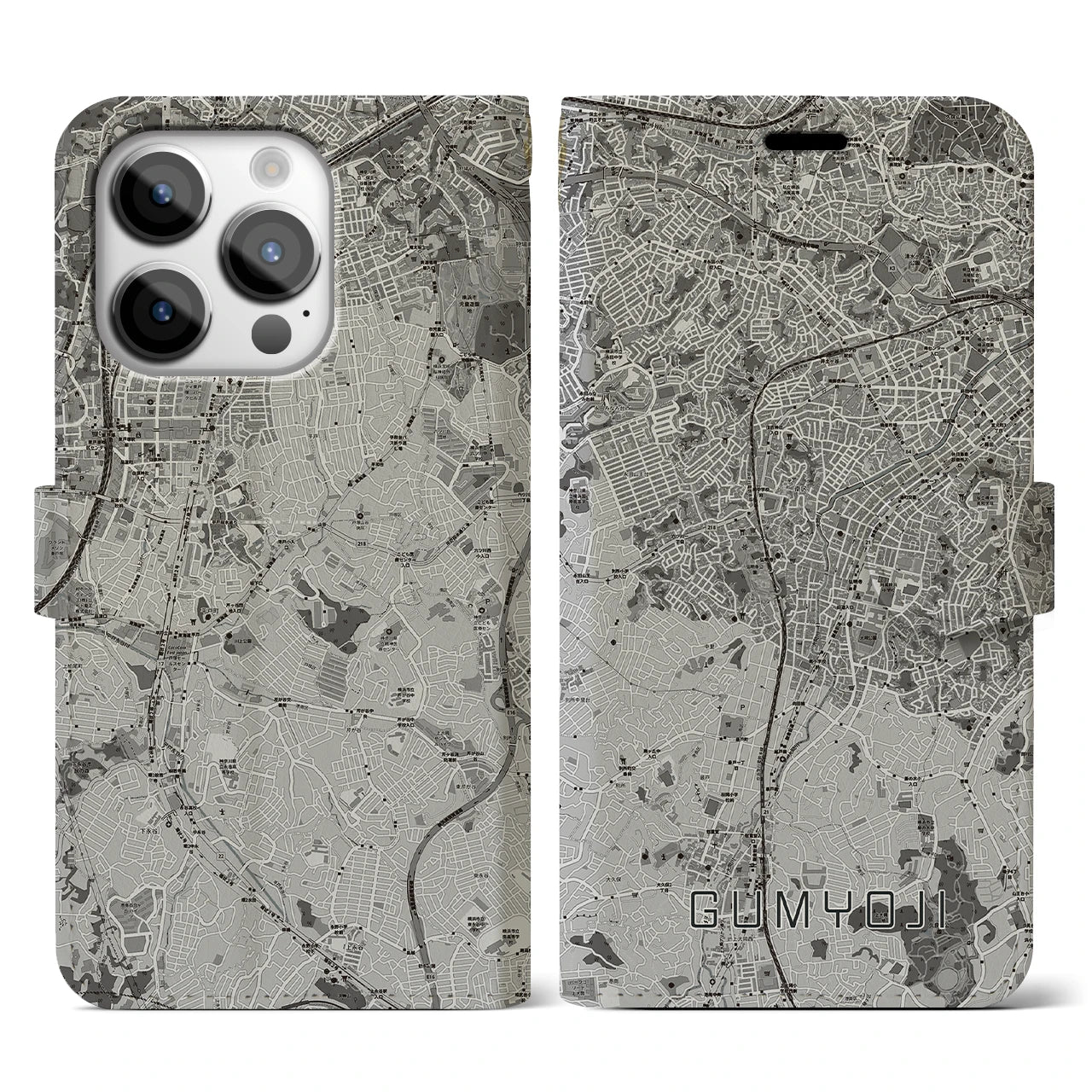 【弘明寺(神奈川県)】地図柄iPhoneケース(手帳タイプ)モノトーン・iPhone 14 Pro 用