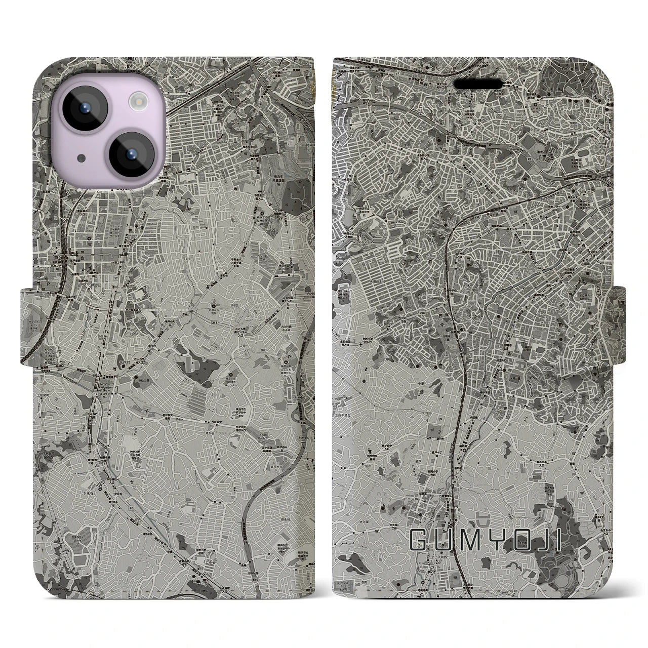 【弘明寺(神奈川県)】地図柄iPhoneケース(手帳タイプ)モノトーン・iPhone 14 用