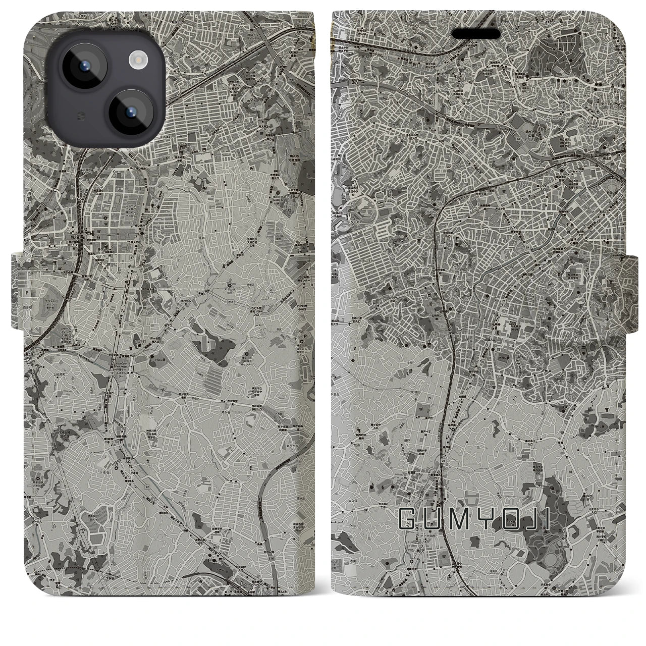 【弘明寺(神奈川県)】地図柄iPhoneケース(手帳タイプ)モノトーン・iPhone 14 Plus 用
