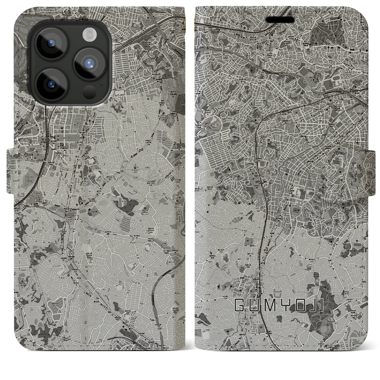 【弘明寺(神奈川県)】地図柄iPhoneケース(手帳タイプ)モノトーン・iPhone 15 Pro Max 用