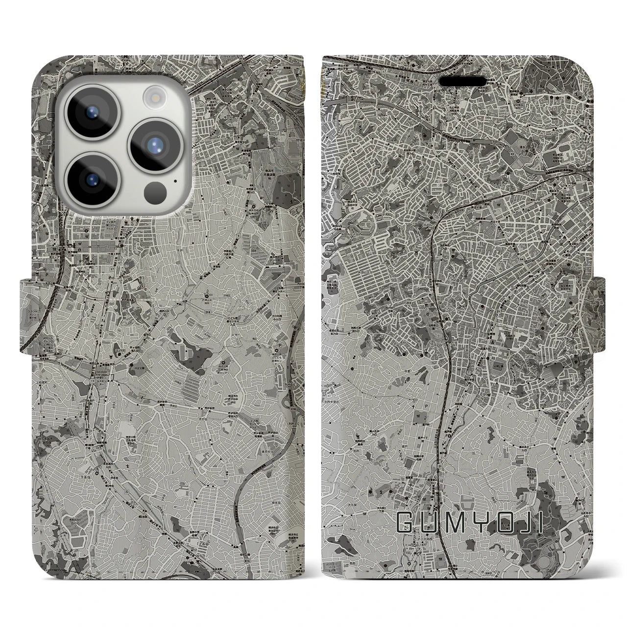 【弘明寺(神奈川県)】地図柄iPhoneケース(手帳タイプ)モノトーン・iPhone 15 Pro 用