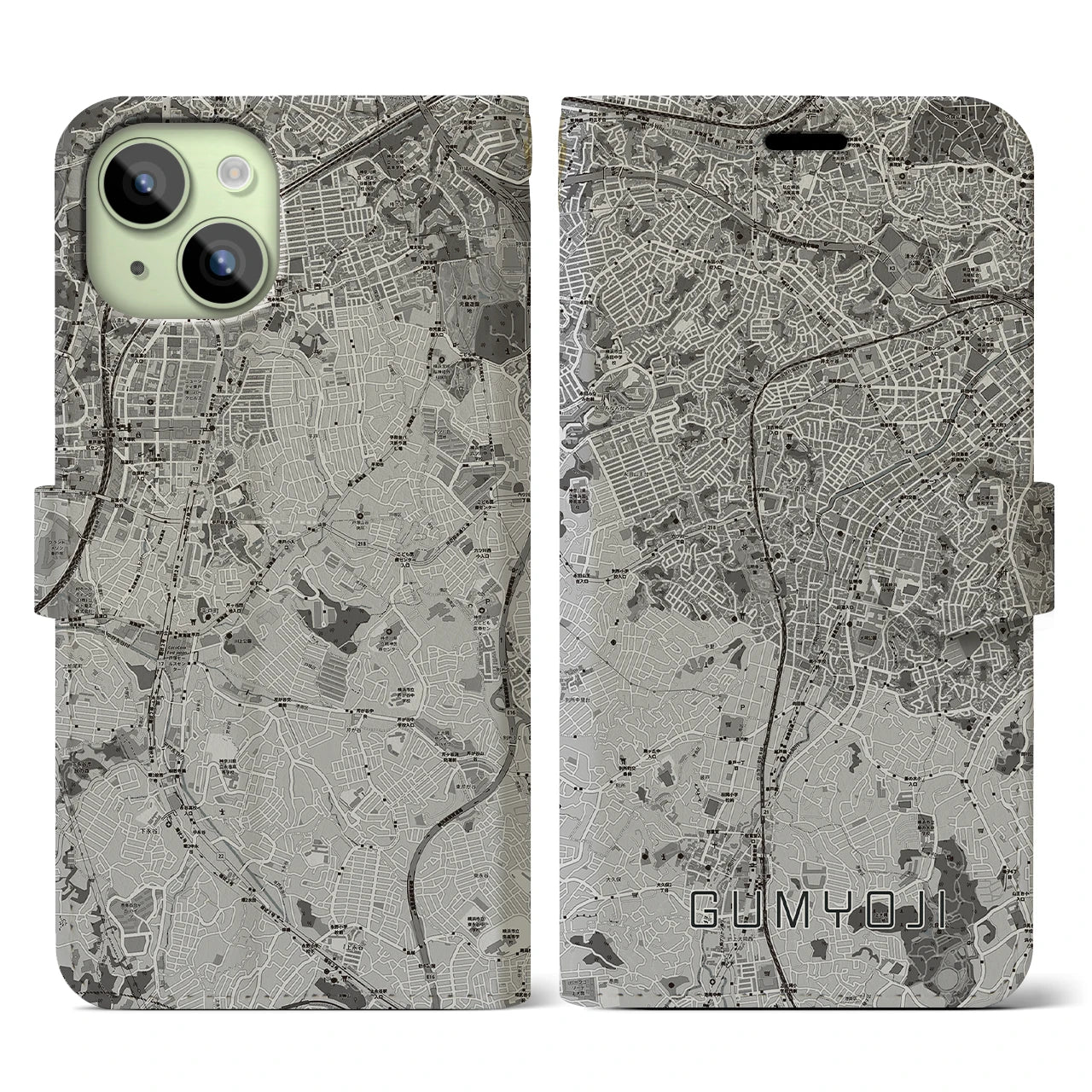 【弘明寺(神奈川県)】地図柄iPhoneケース(手帳タイプ)モノトーン・iPhone 15 用