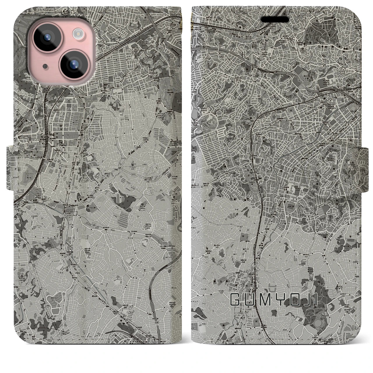 【弘明寺(神奈川県)】地図柄iPhoneケース(手帳タイプ)モノトーン・iPhone 15 Plus 用