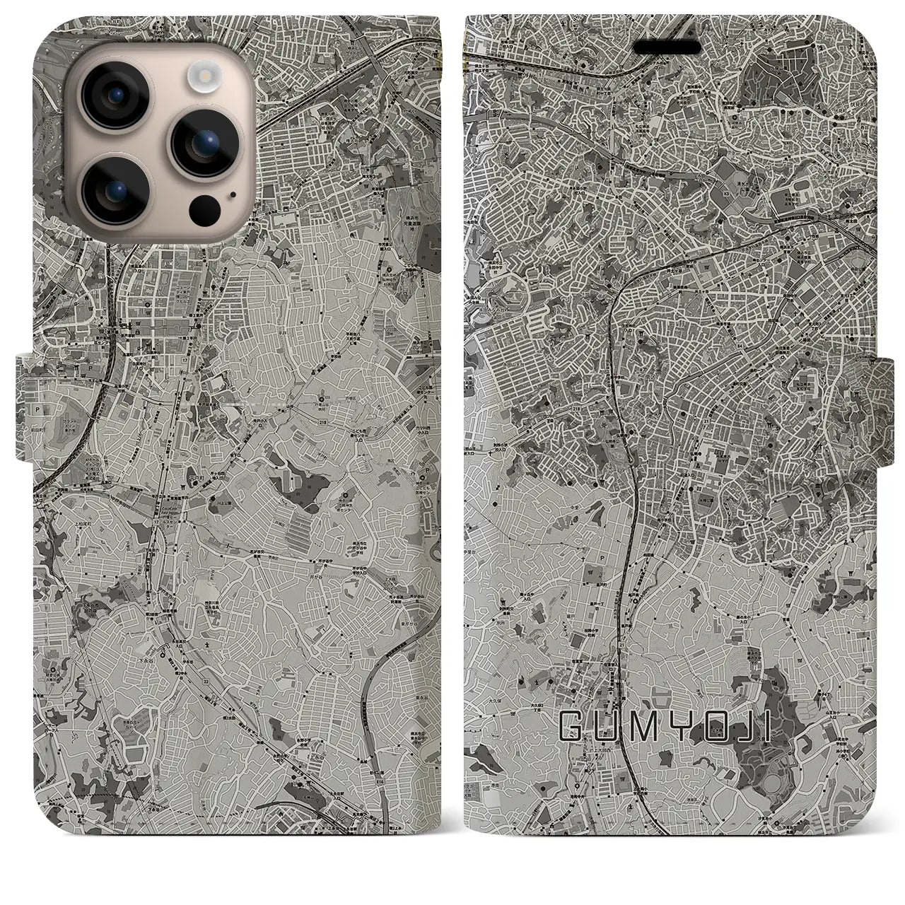 【弘明寺(神奈川県)】地図柄iPhoneケース(手帳タイプ)モノトーン・iPhone 16 Plus 用