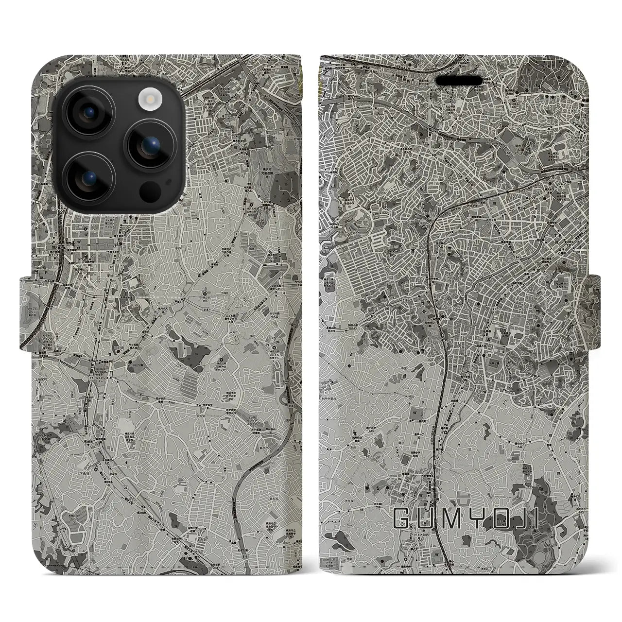 【弘明寺(神奈川県)】地図柄iPhoneケース(手帳タイプ)モノトーン・iPhone 16 用