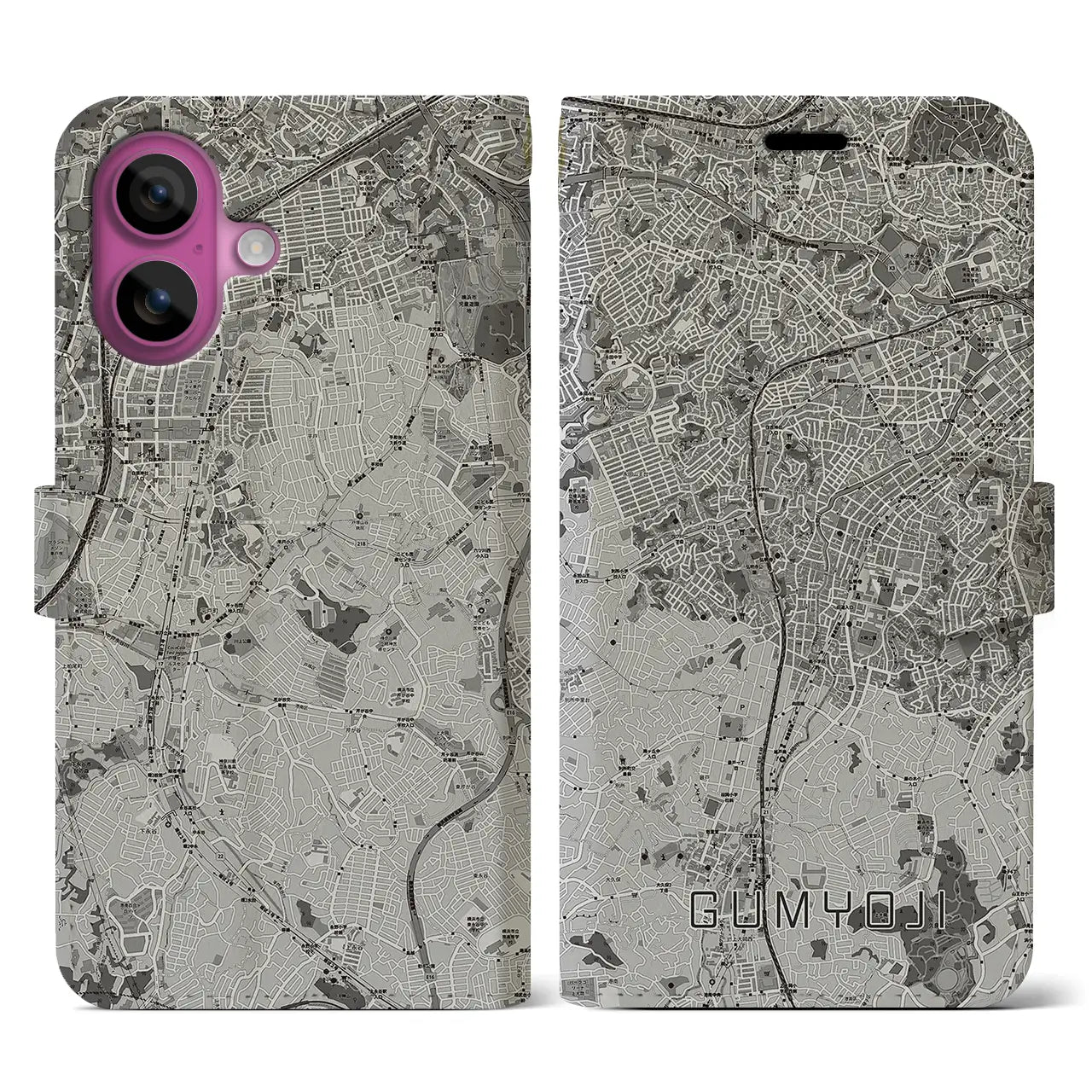 【弘明寺(神奈川県)】地図柄iPhoneケース(手帳タイプ)モノトーン・iPhone 16 Pro 用