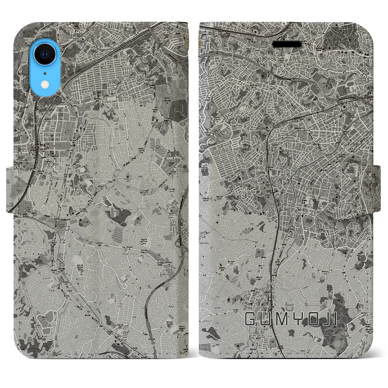 【弘明寺(神奈川県)】地図柄iPhoneケース(手帳タイプ)モノトーン・iPhone XR 用