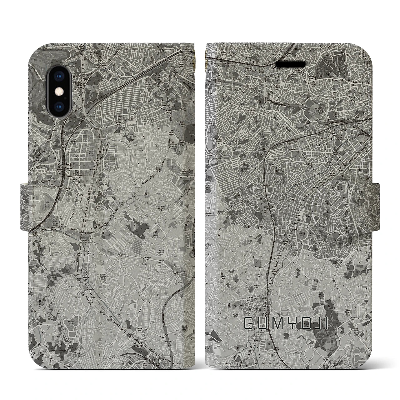 【弘明寺(神奈川県)】地図柄iPhoneケース(手帳タイプ)モノトーン・iPhone XS / X 用