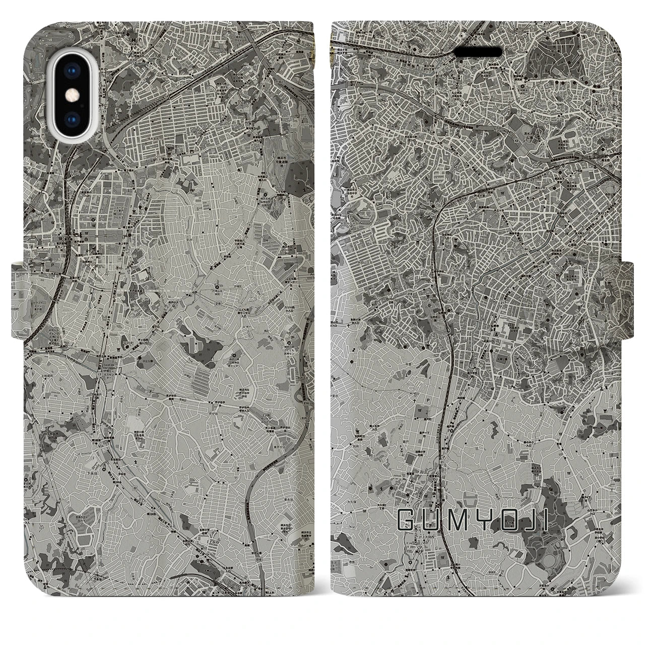 【弘明寺(神奈川県)】地図柄iPhoneケース(手帳タイプ)モノトーン・iPhone XS Max 用