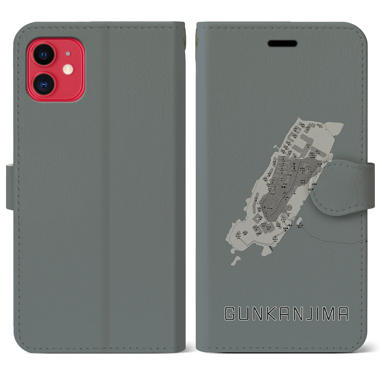 【軍艦島(長崎県)】地図柄iPhoneケース(手帳タイプ)モノトーン・iPhone 11 用