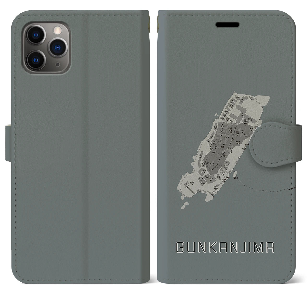 【軍艦島(長崎県)】地図柄iPhoneケース(手帳タイプ)モノトーン・iPhone 11 Pro Max 用