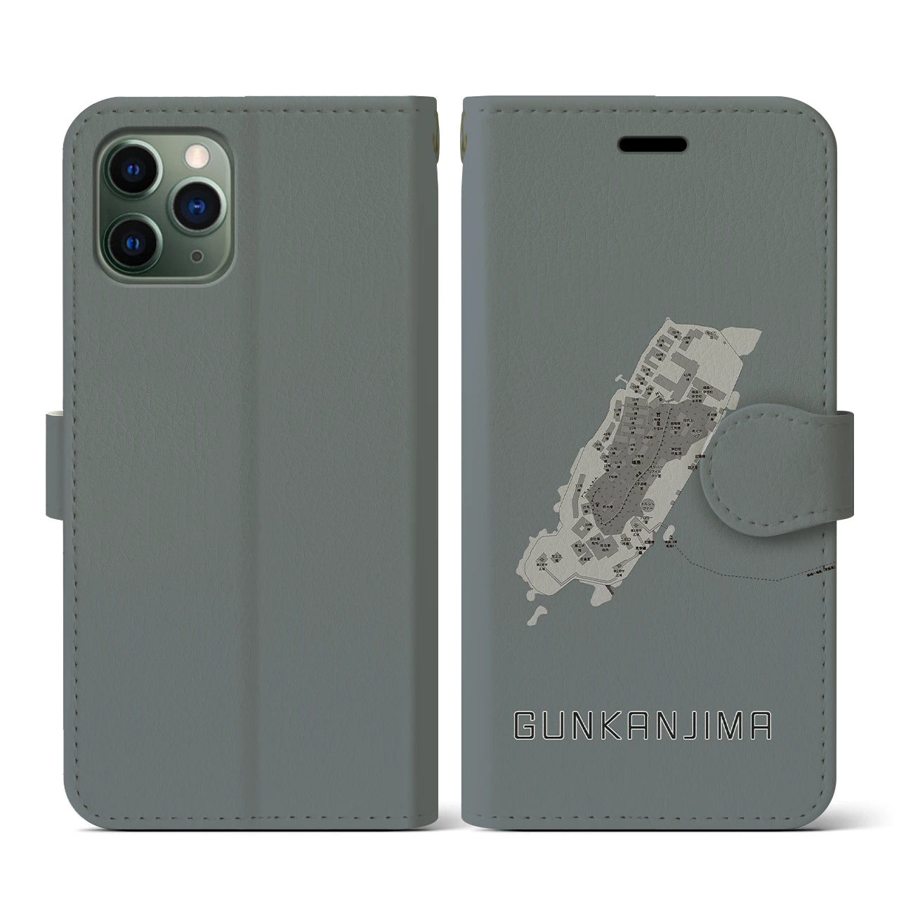 【軍艦島(長崎県)】地図柄iPhoneケース(手帳タイプ)モノトーン・iPhone 11 Pro 用