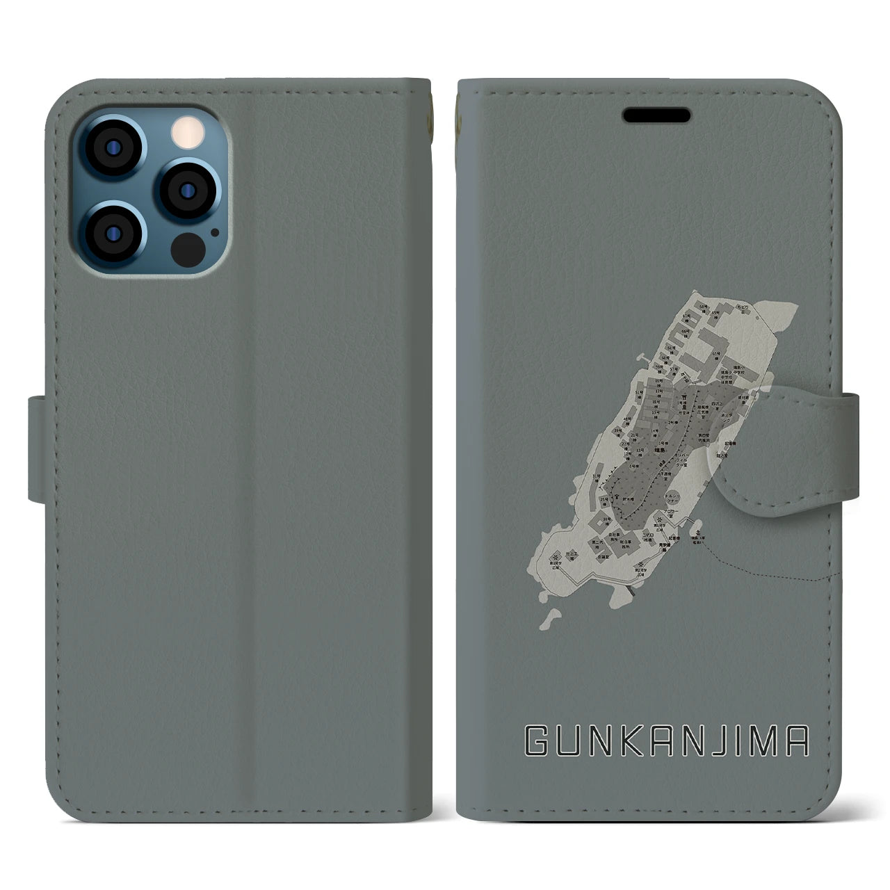 【軍艦島(長崎県)】地図柄iPhoneケース(手帳タイプ)モノトーン・iPhone 12 / 12 Pro 用