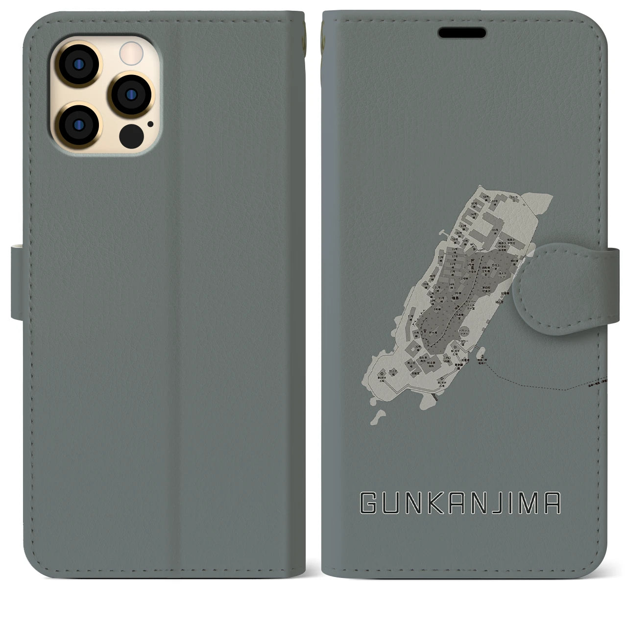 【軍艦島(長崎県)】地図柄iPhoneケース(手帳タイプ)モノトーン・iPhone 12 Pro Max 用
