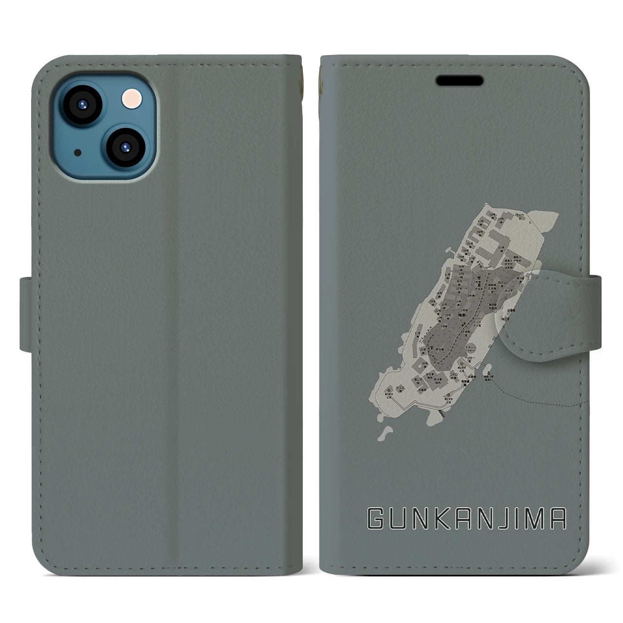 【軍艦島(長崎県)】地図柄iPhoneケース(手帳タイプ)モノトーン・iPhone 13 用