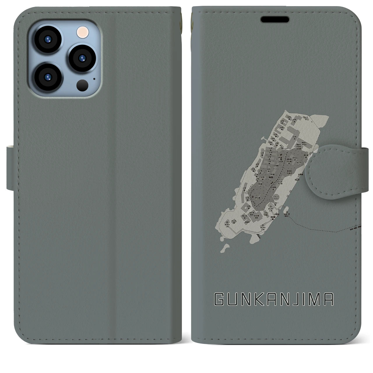 【軍艦島(長崎県)】地図柄iPhoneケース(手帳タイプ)モノトーン・iPhone 13 Pro Max 用