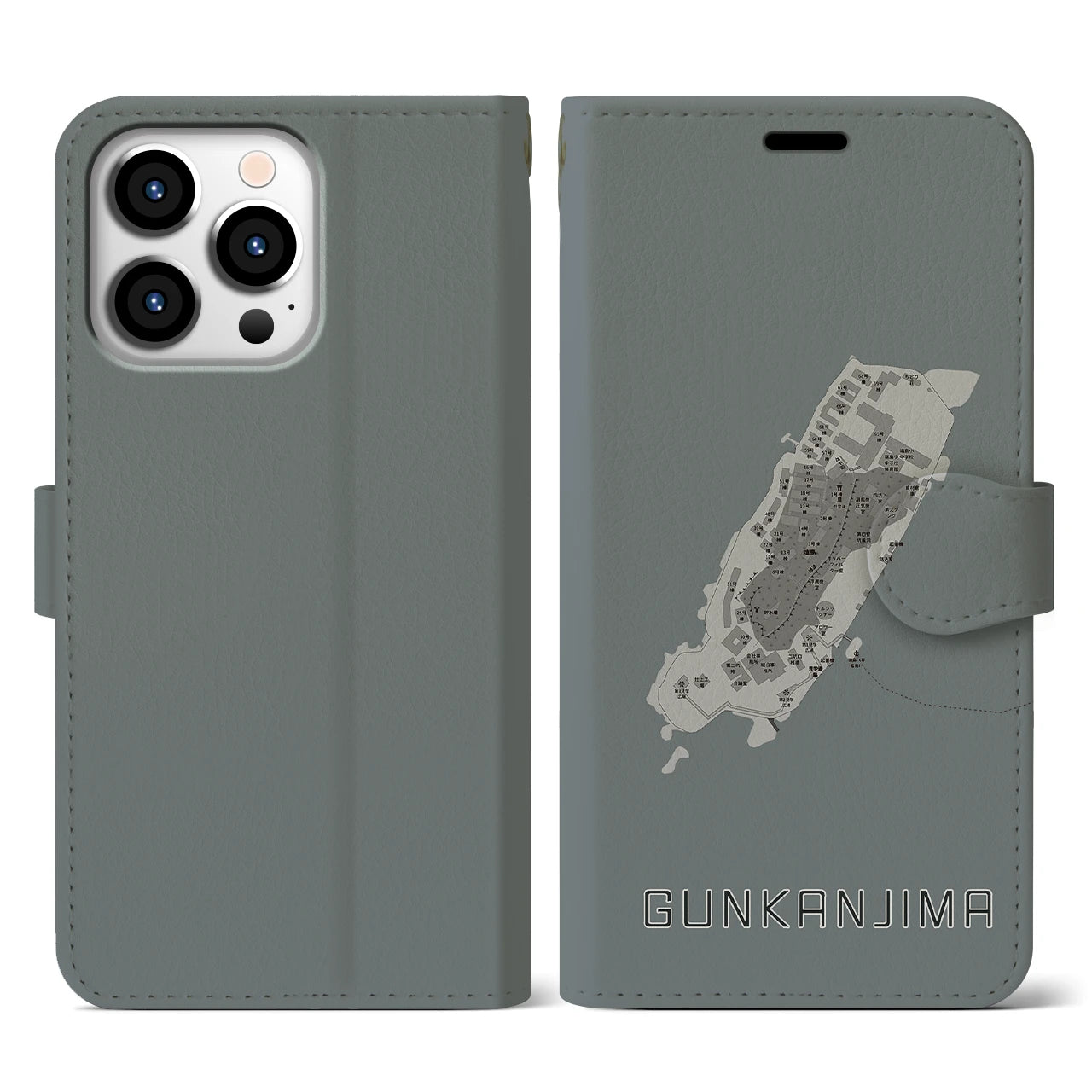 【軍艦島(長崎県)】地図柄iPhoneケース(手帳タイプ)モノトーン・iPhone 13 Pro 用