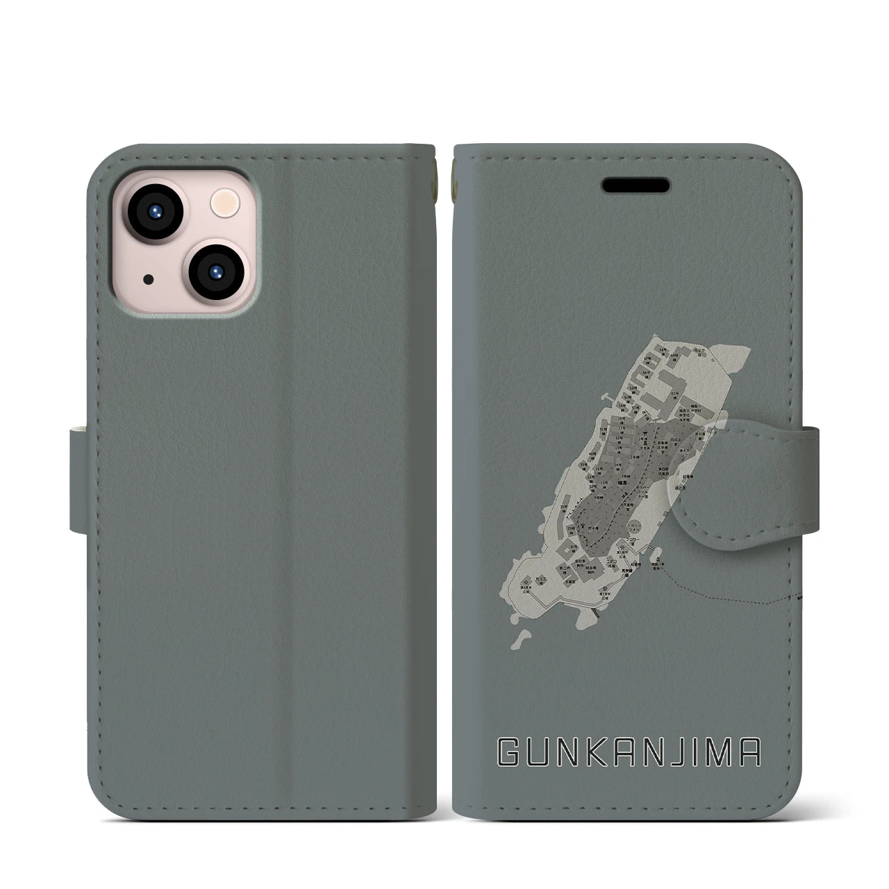 【軍艦島(長崎県)】地図柄iPhoneケース(手帳タイプ)モノトーン・iPhone 13 mini 用