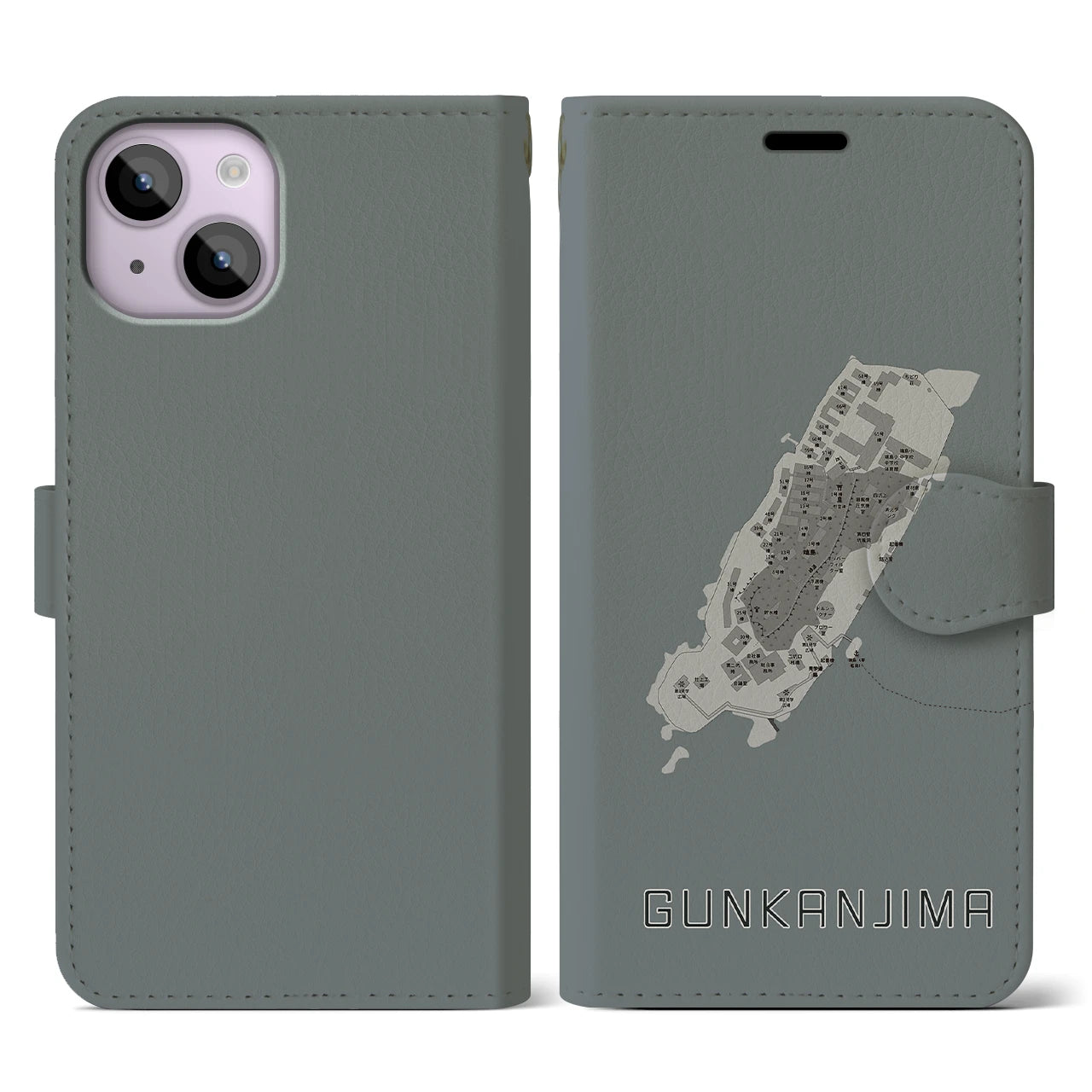 【軍艦島(長崎県)】地図柄iPhoneケース(手帳タイプ)モノトーン・iPhone 14 用