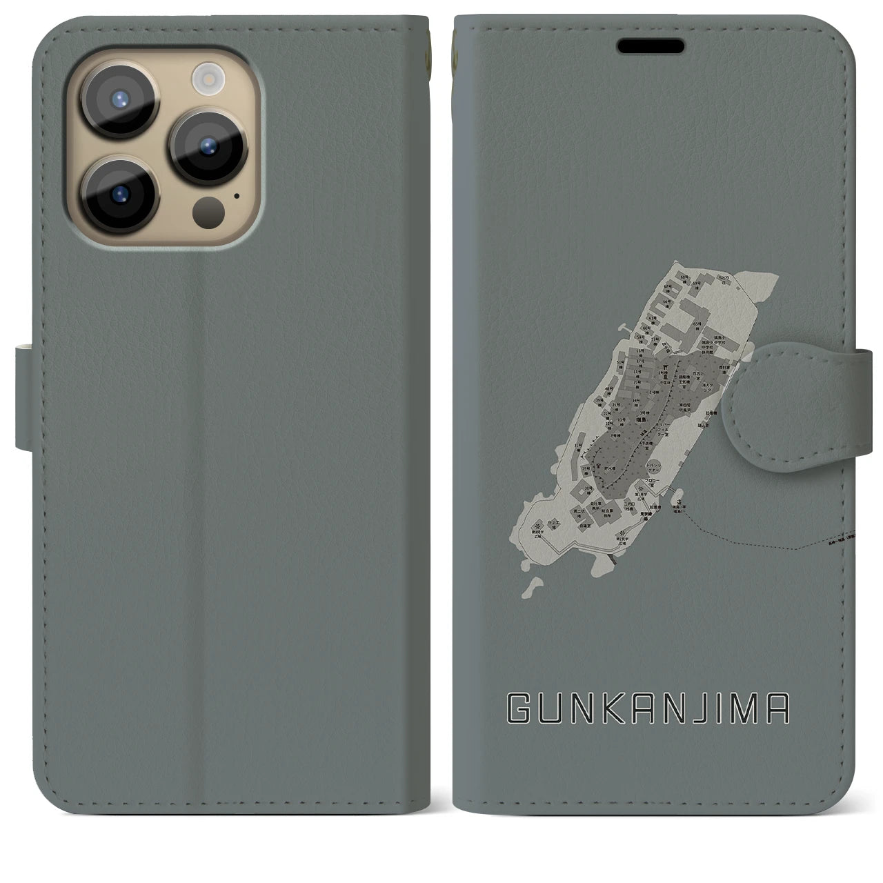 【軍艦島(長崎県)】地図柄iPhoneケース(手帳タイプ)モノトーン・iPhone 14 Pro Max 用
