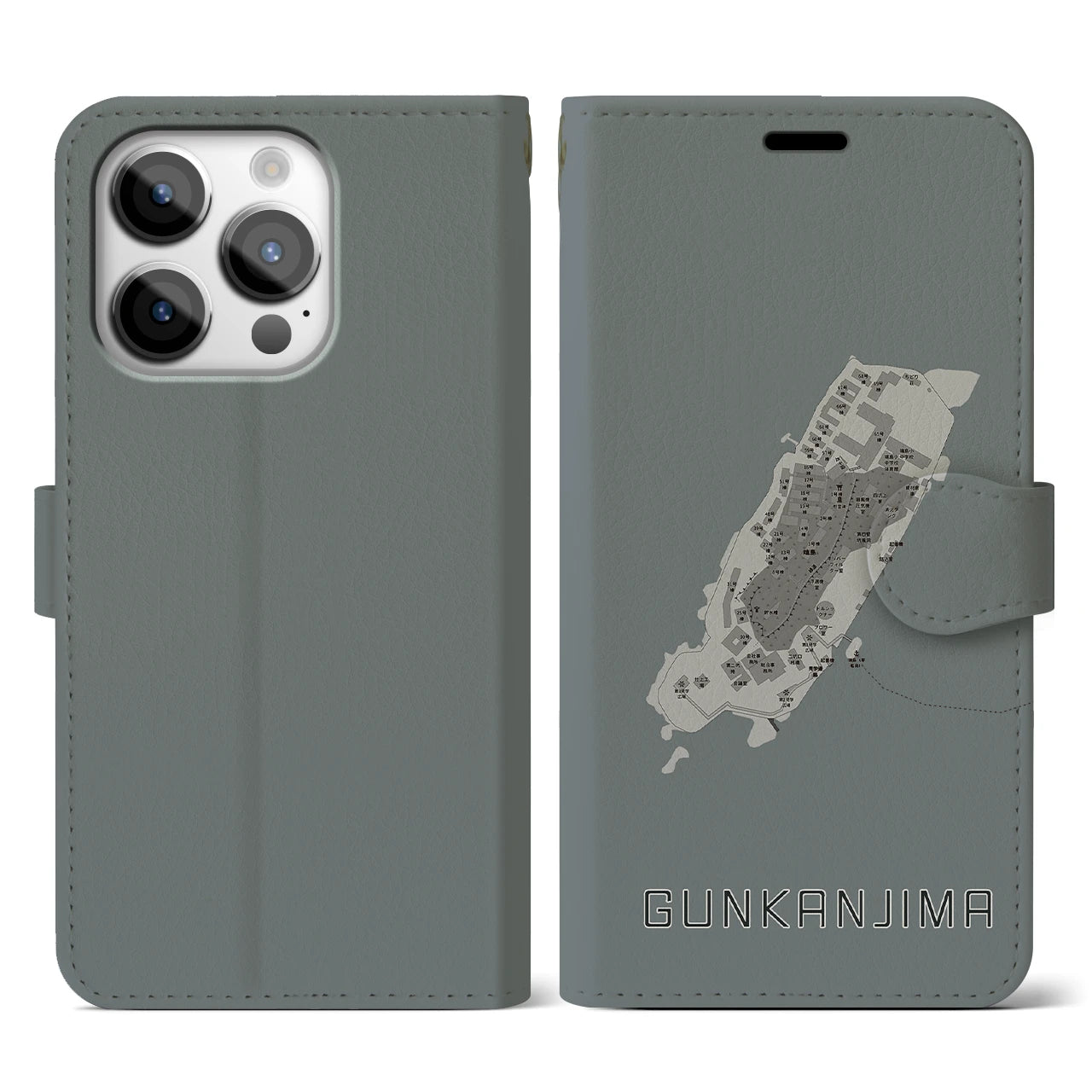 【軍艦島(長崎県)】地図柄iPhoneケース(手帳タイプ)モノトーン・iPhone 14 Pro 用