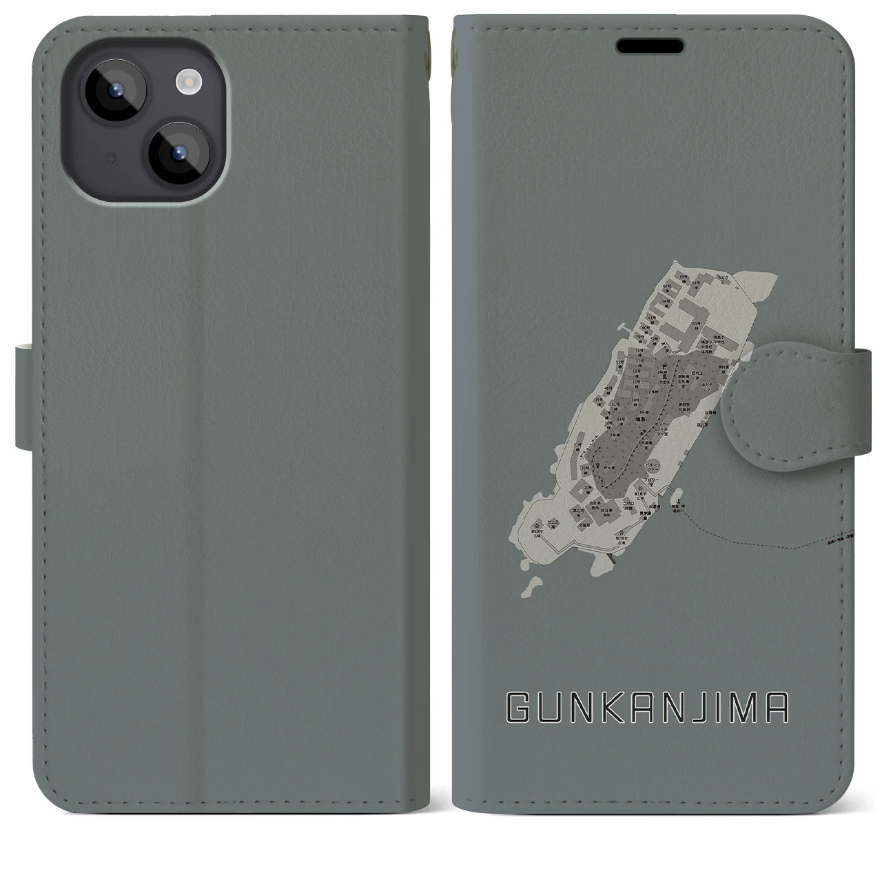 【軍艦島(長崎県)】地図柄iPhoneケース(手帳タイプ)モノトーン・iPhone 14 Plus 用