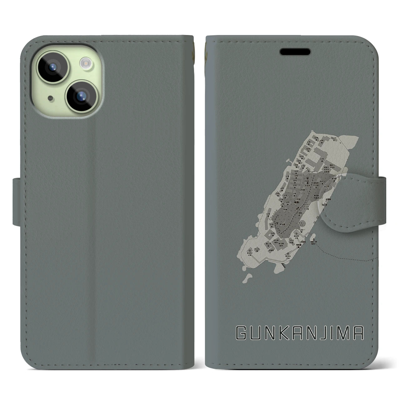 【軍艦島(長崎県)】地図柄iPhoneケース(手帳タイプ)モノトーン・iPhone 15 用