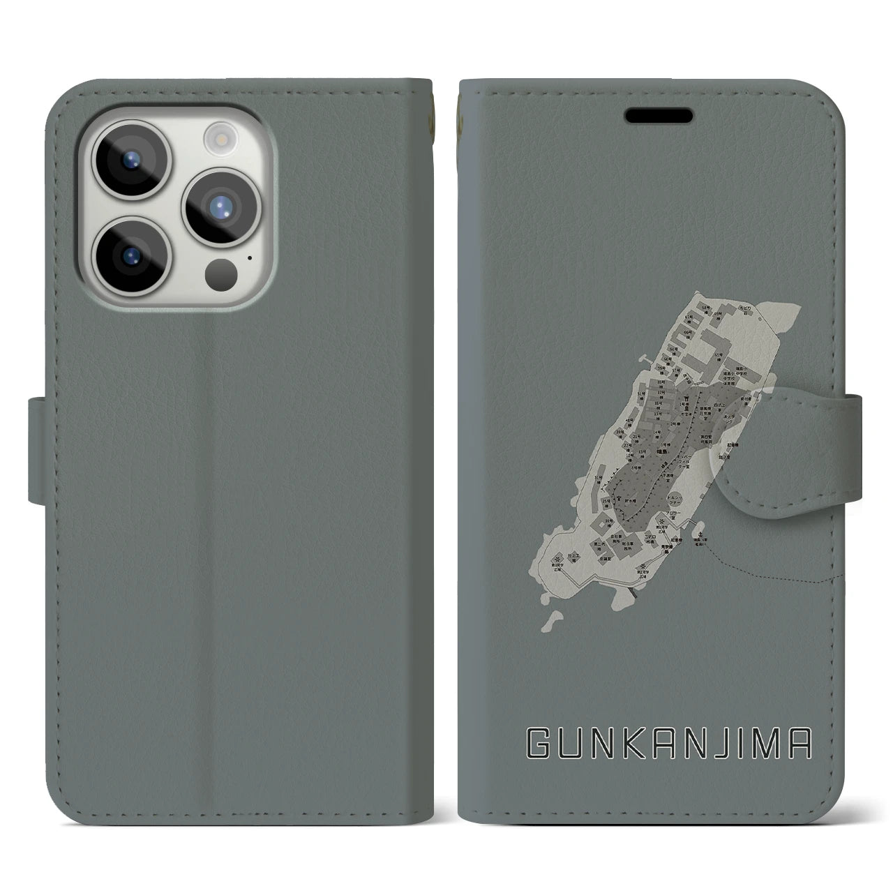 【軍艦島(長崎県)】地図柄iPhoneケース(手帳タイプ)モノトーン・iPhone 15 Pro 用