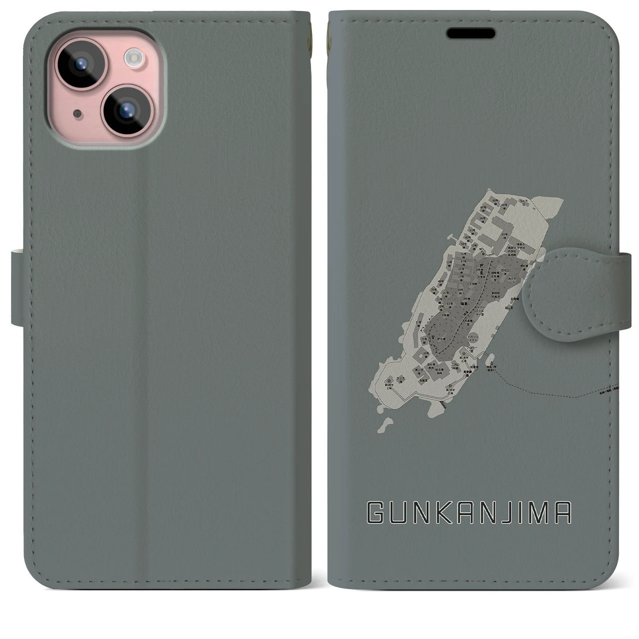 【軍艦島(長崎県)】地図柄iPhoneケース(手帳タイプ)モノトーン・iPhone 15 Plus 用