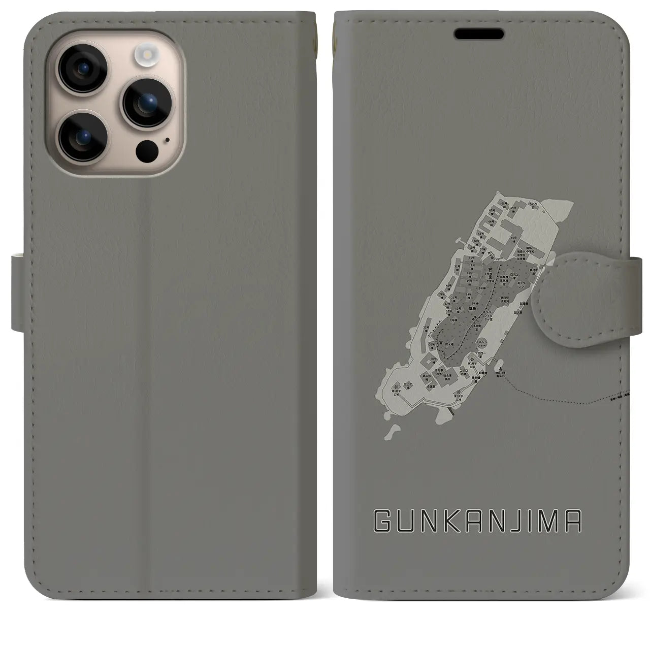 【軍艦島(長崎県)】地図柄iPhoneケース(手帳タイプ)モノトーン・iPhone 16 Plus 用