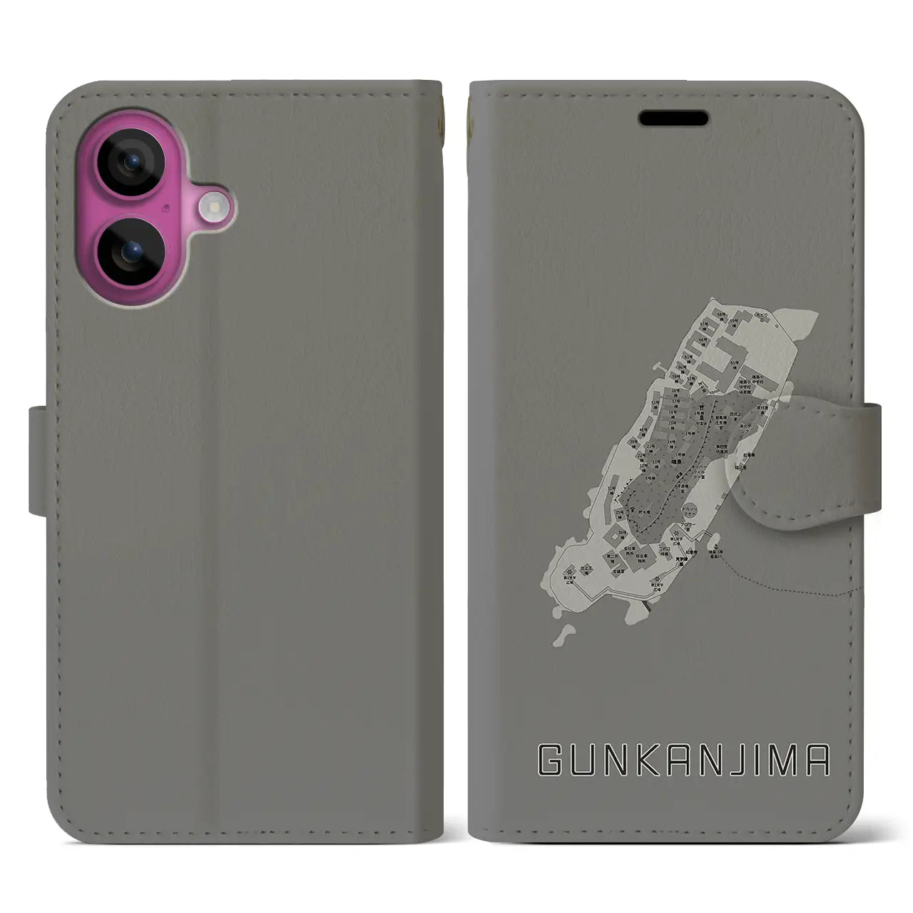 【軍艦島(長崎県)】地図柄iPhoneケース(手帳タイプ)モノトーン・iPhone 16 Pro 用