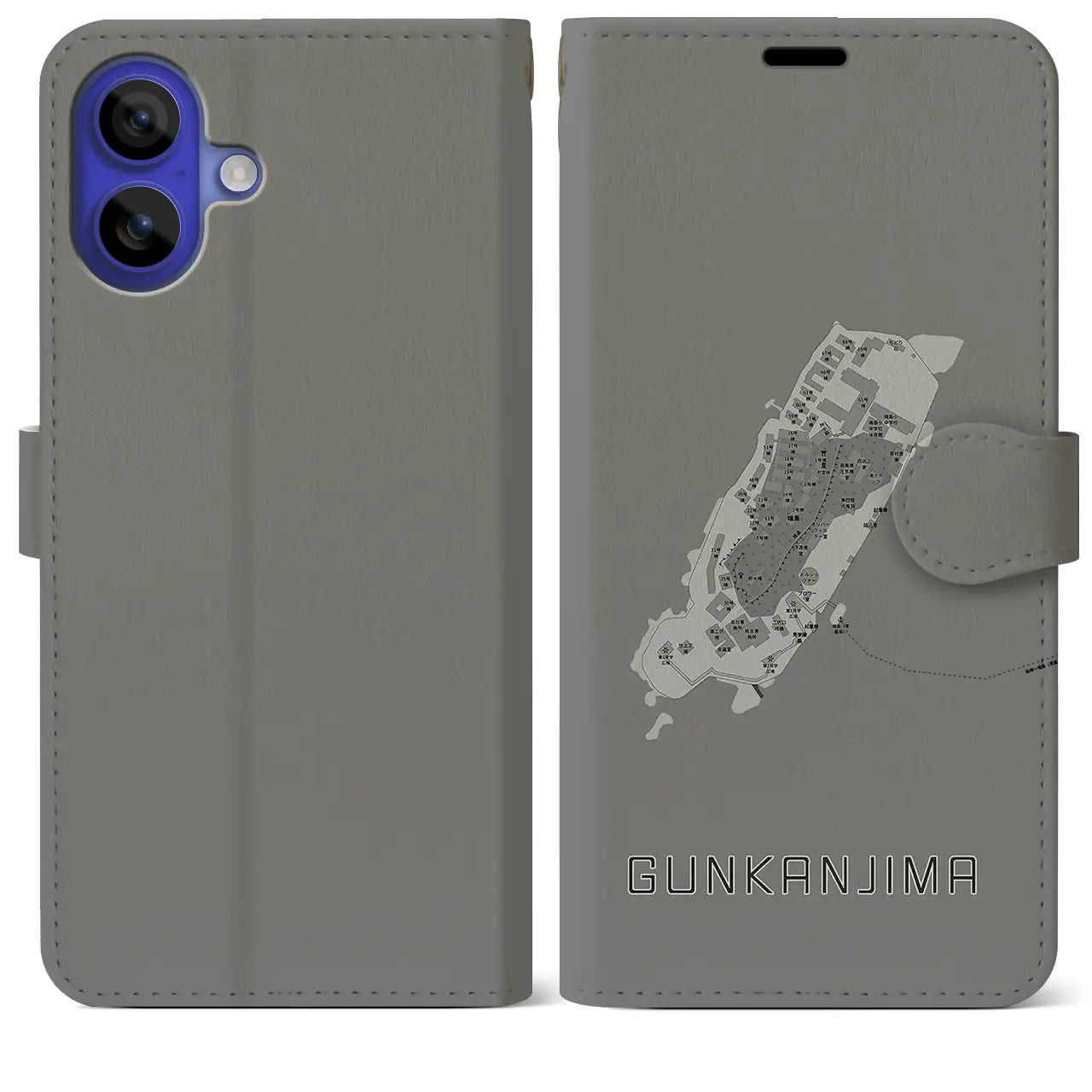 【軍艦島(長崎県)】地図柄iPhoneケース(手帳タイプ)モノトーン・iPhone 16 Pro Max 用