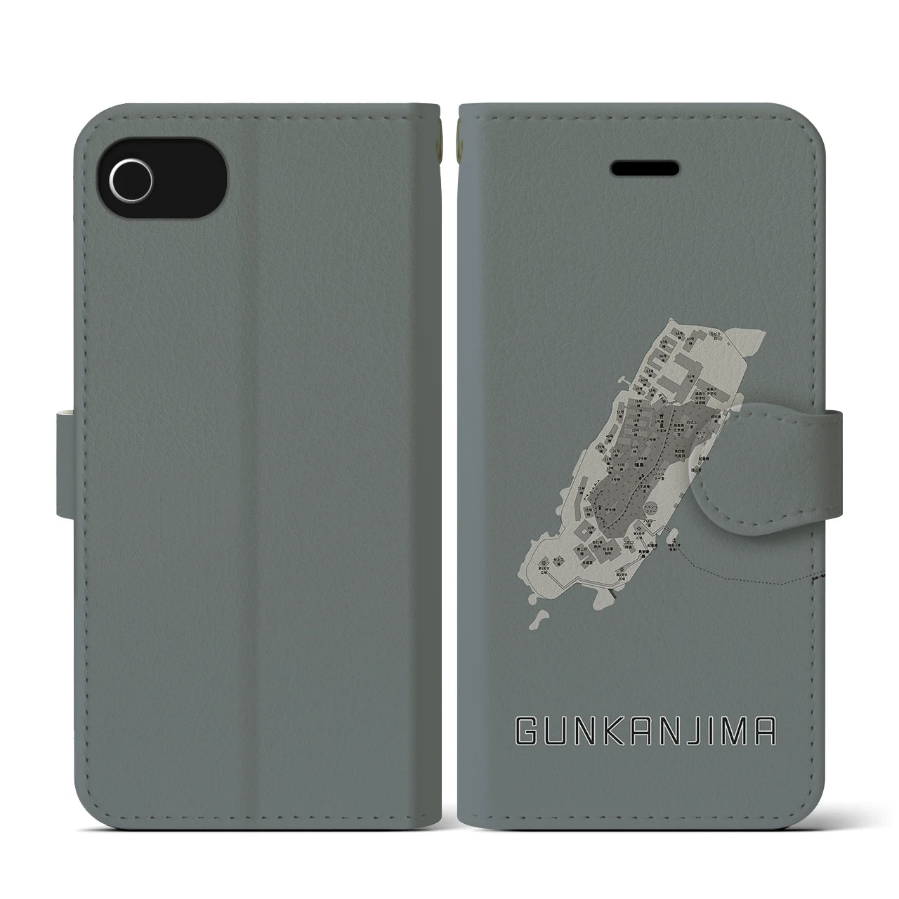 【軍艦島(長崎県)】地図柄iPhoneケース(手帳タイプ)モノトーン・iPhone SE(第3 / 第2世代) / 8 / 7 / 6s / 6 用