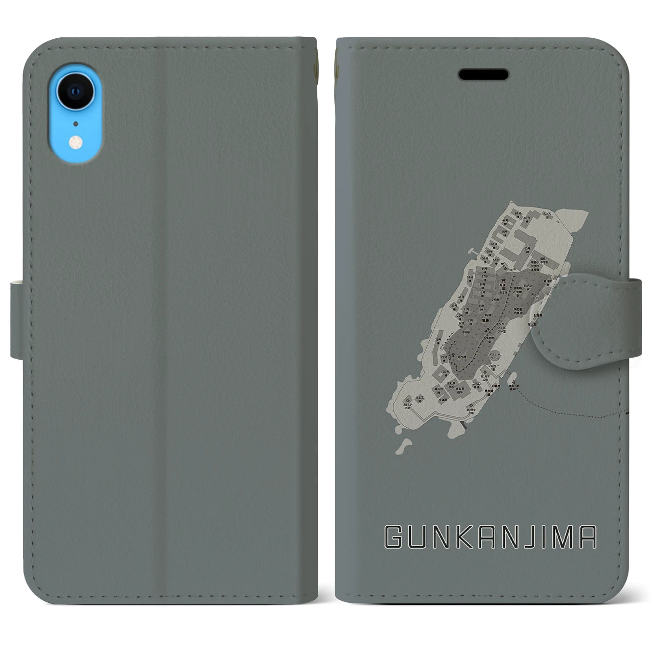 【軍艦島(長崎県)】地図柄iPhoneケース(手帳タイプ)モノトーン・iPhone XR 用