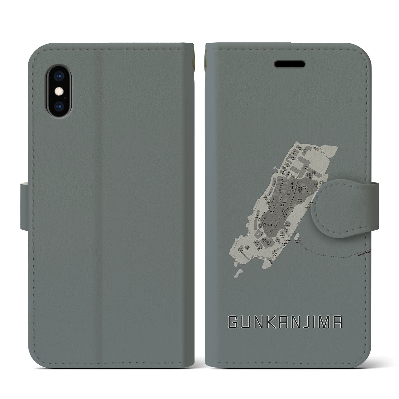 【軍艦島(長崎県)】地図柄iPhoneケース(手帳タイプ)モノトーン・iPhone XS / X 用