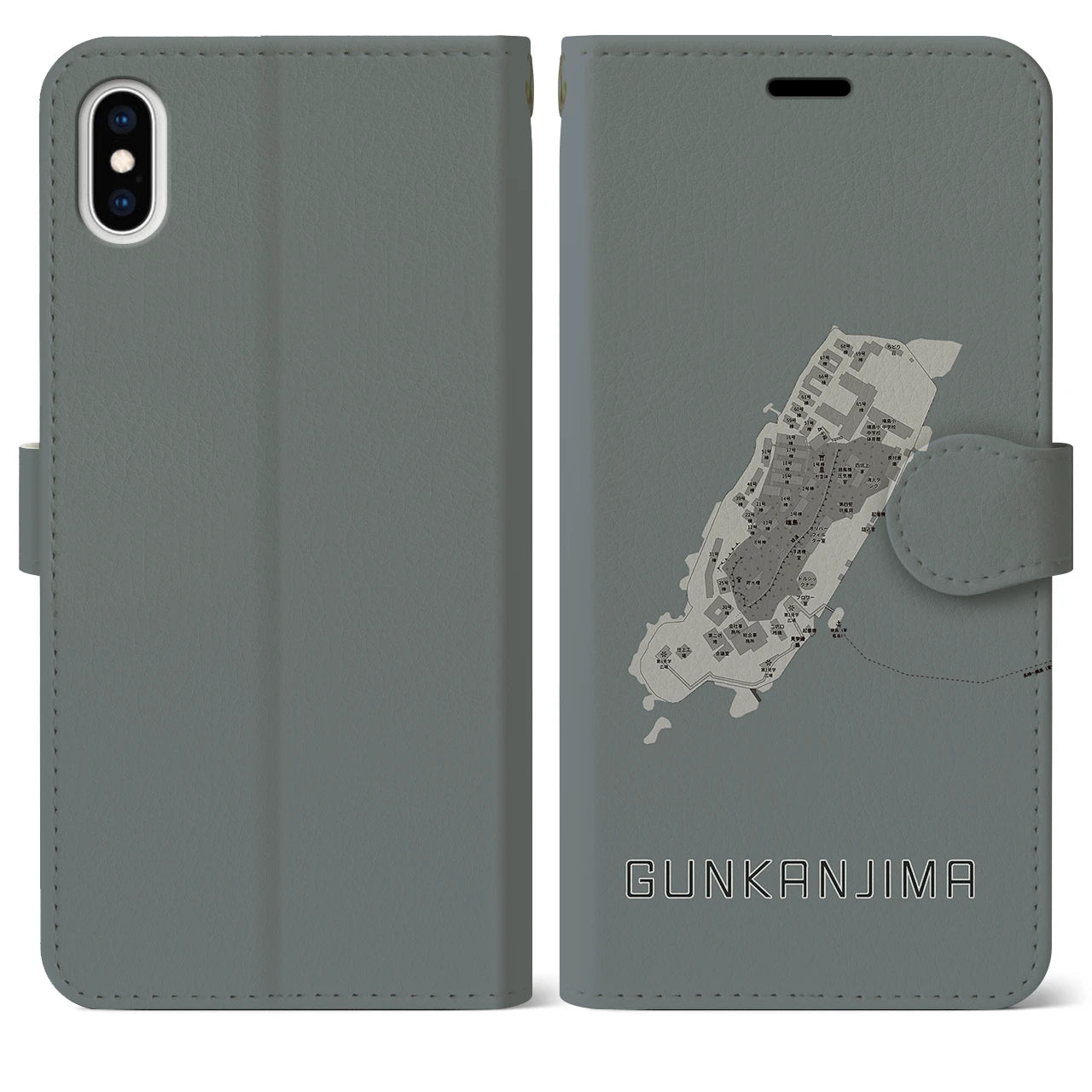 【軍艦島(長崎県)】地図柄iPhoneケース(手帳タイプ)モノトーン・iPhone XS Max 用