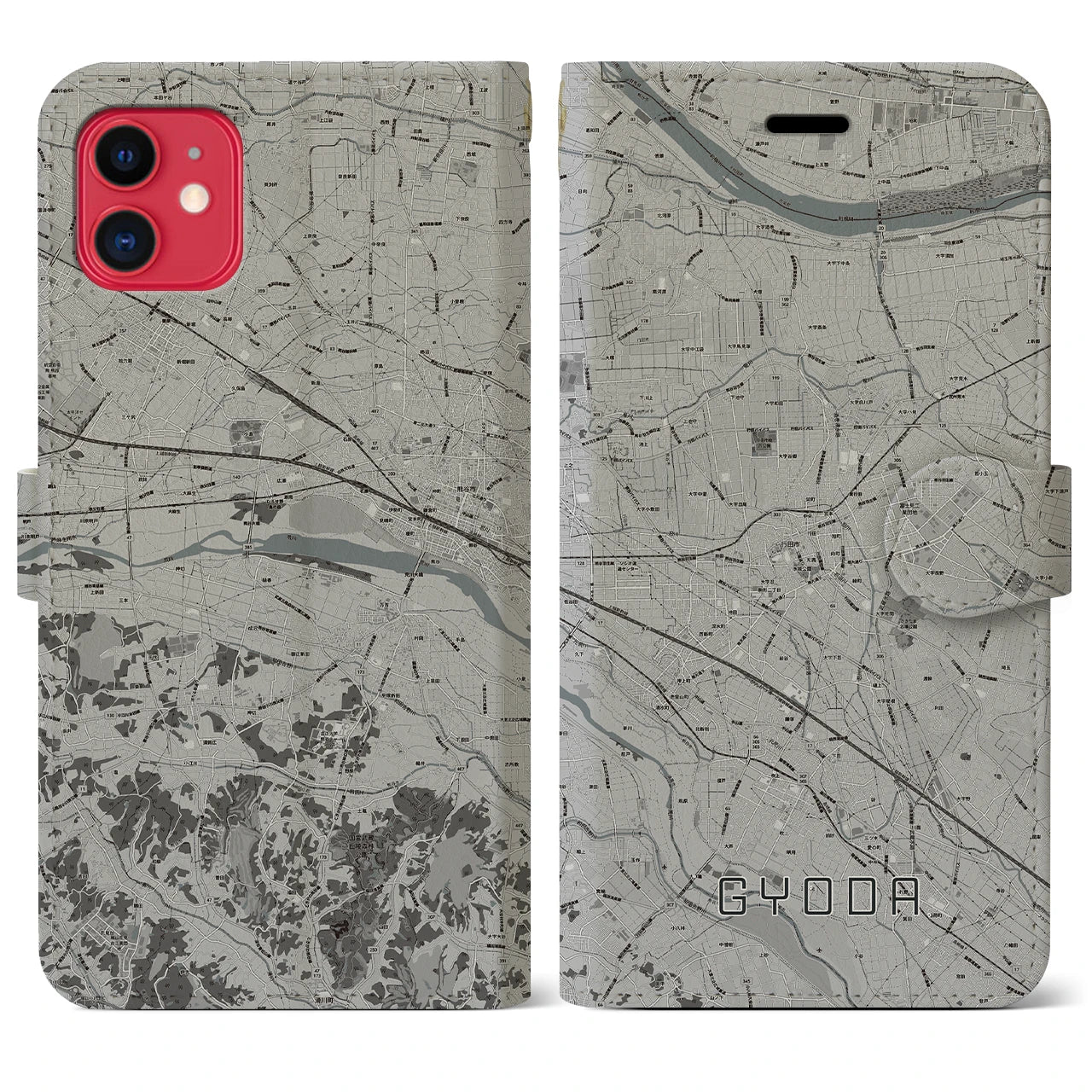 【行田(埼玉県)】地図柄iPhoneケース(手帳タイプ)モノトーン・iPhone 11 用