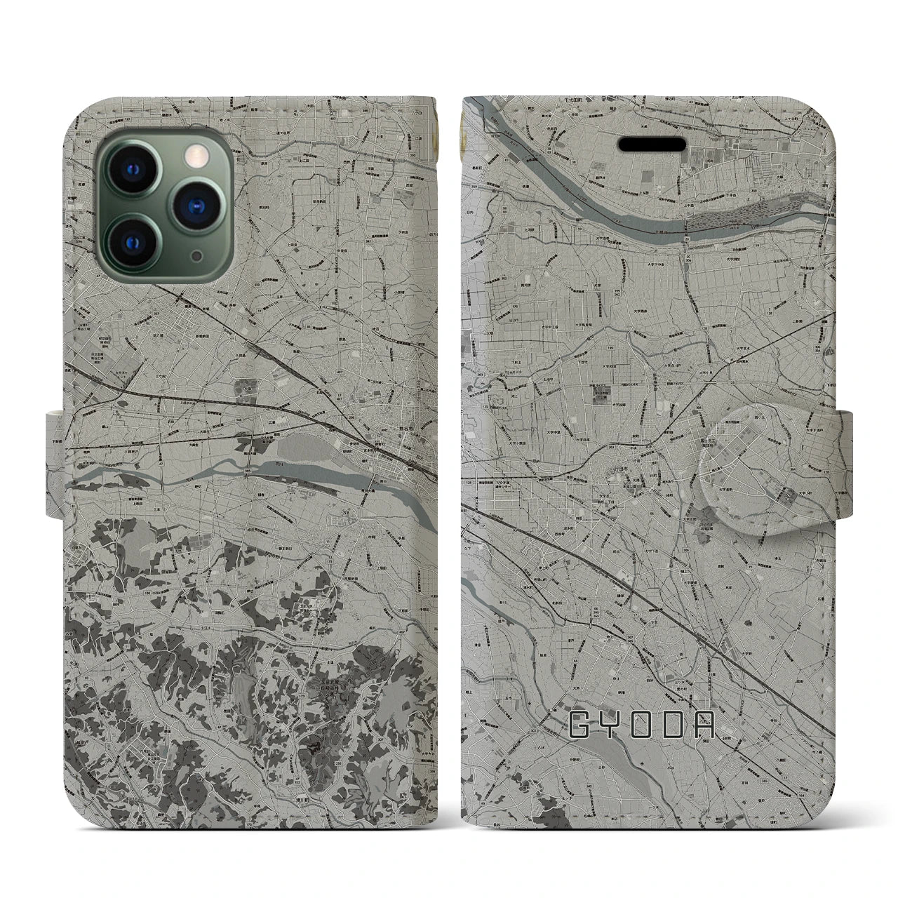 【行田(埼玉県)】地図柄iPhoneケース(手帳タイプ)モノトーン・iPhone 11 Pro 用