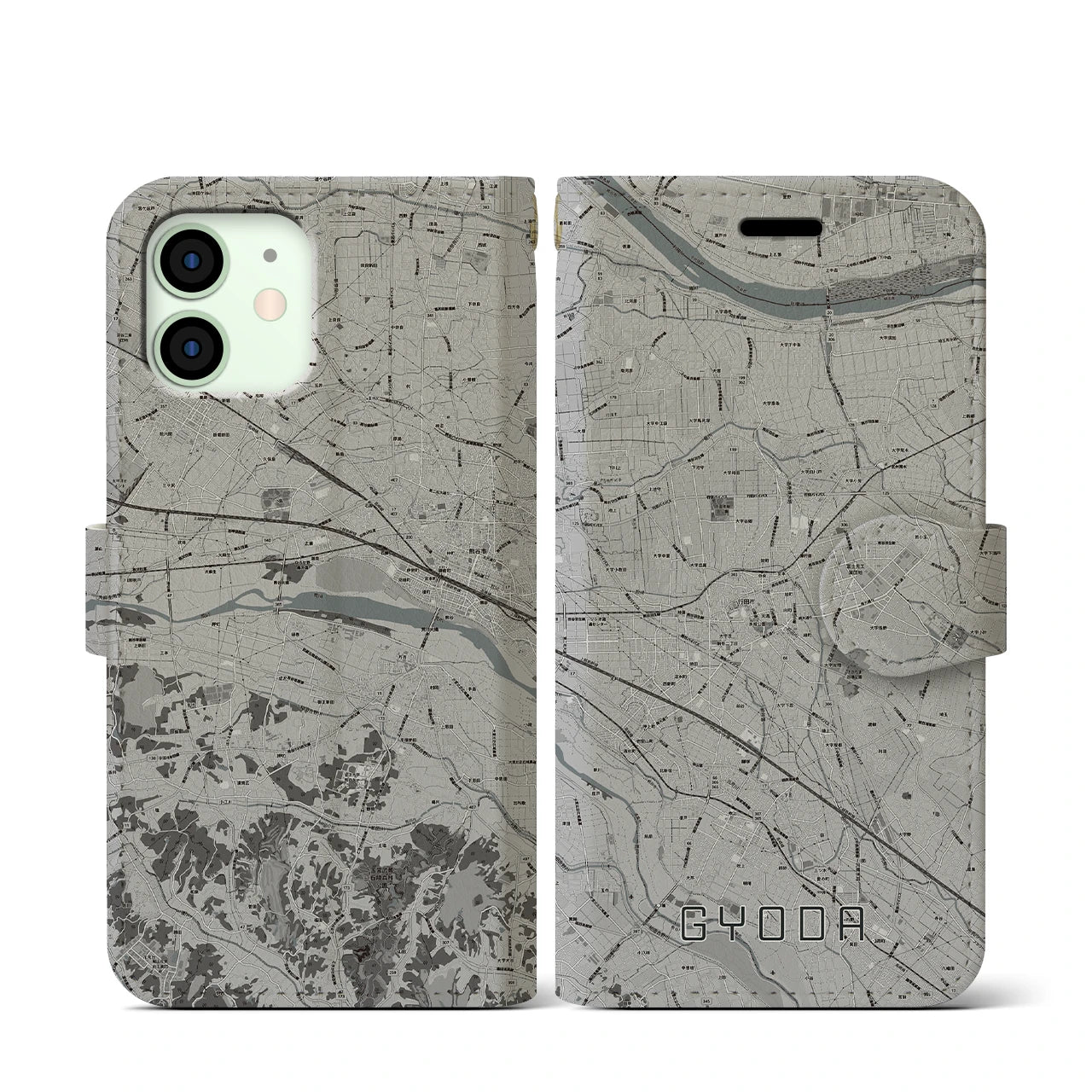 【行田(埼玉県)】地図柄iPhoneケース(手帳タイプ)モノトーン・iPhone 12 mini 用