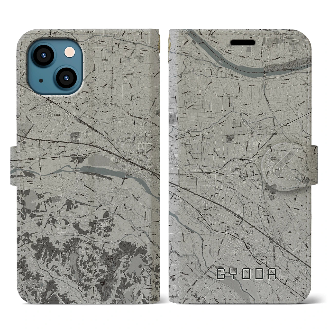 【行田(埼玉県)】地図柄iPhoneケース(手帳タイプ)モノトーン・iPhone 13 用