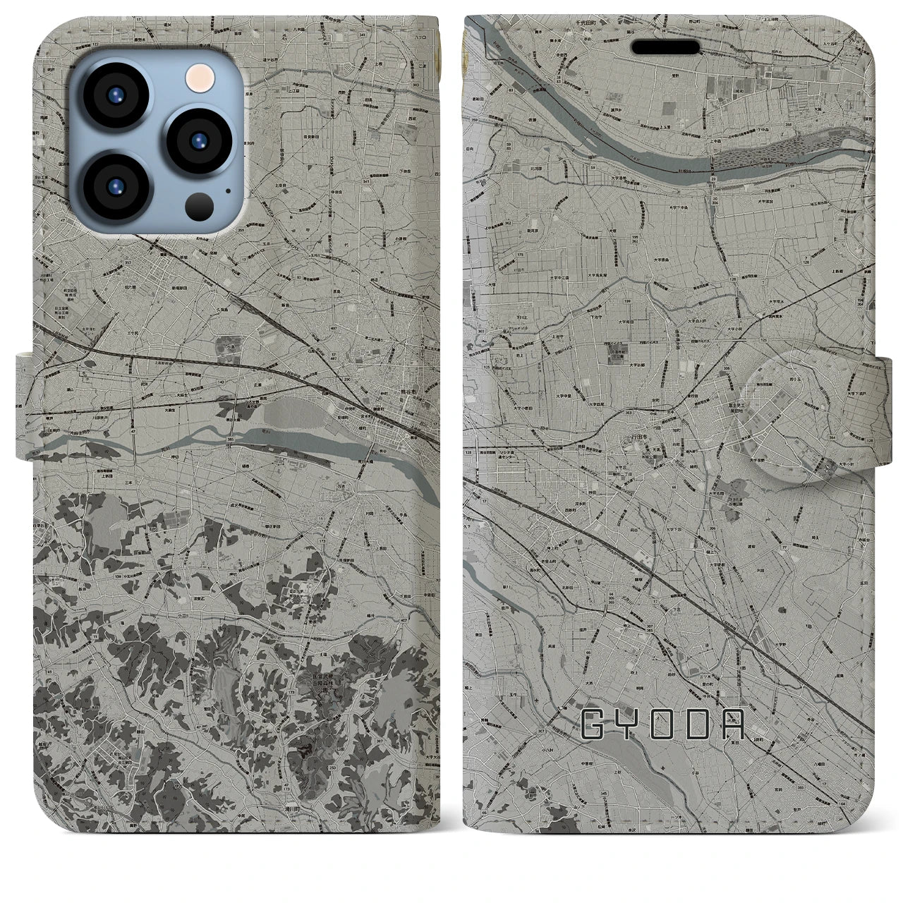【行田(埼玉県)】地図柄iPhoneケース(手帳タイプ)モノトーン・iPhone 13 Pro Max 用