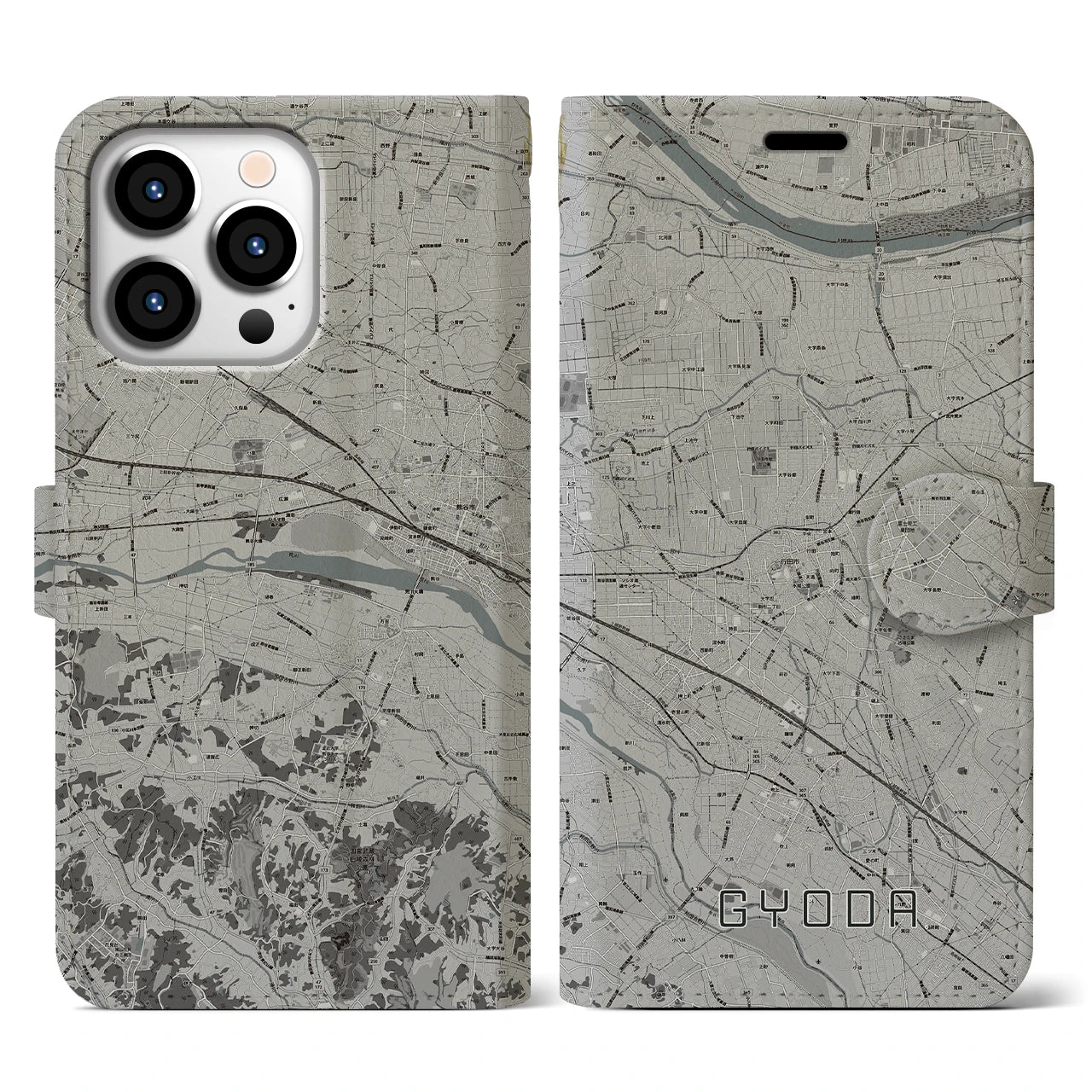 【行田(埼玉県)】地図柄iPhoneケース(手帳タイプ)モノトーン・iPhone 13 Pro 用