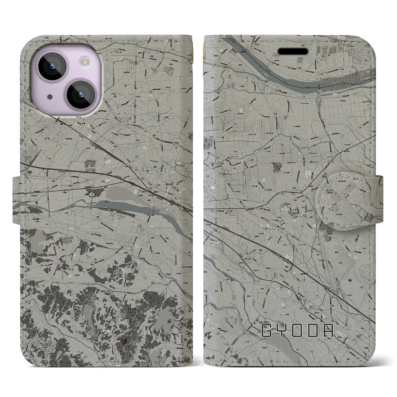 【行田(埼玉県)】地図柄iPhoneケース(手帳タイプ)モノトーン・iPhone 14 用