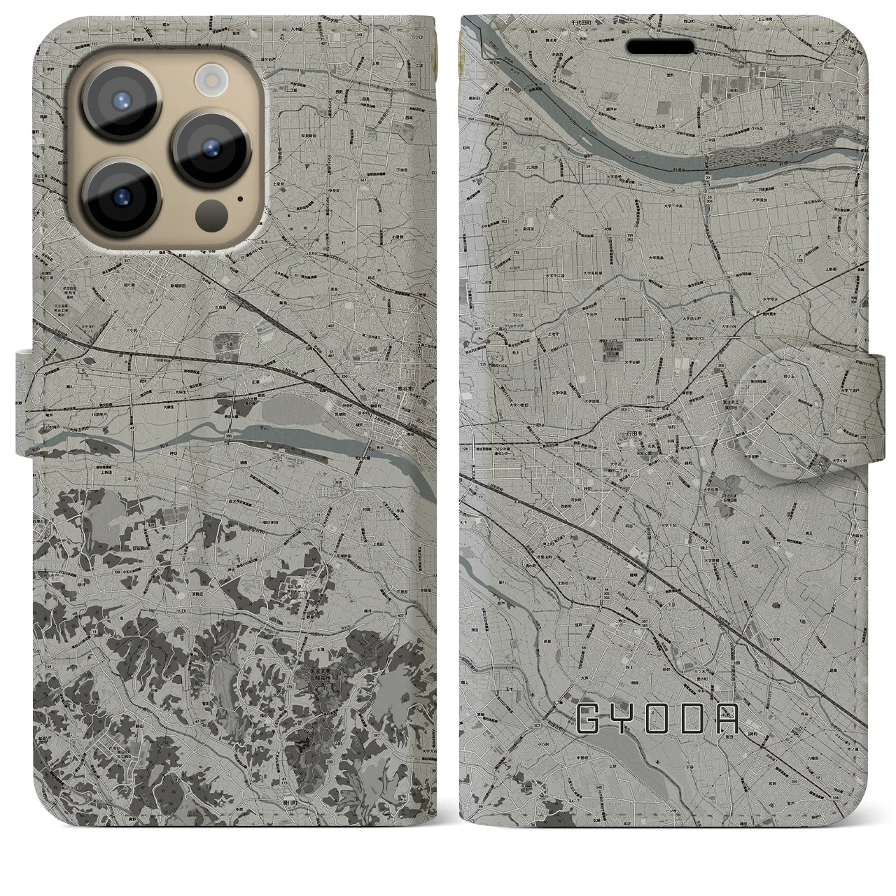 【行田(埼玉県)】地図柄iPhoneケース(手帳タイプ)モノトーン・iPhone 14 Pro Max 用